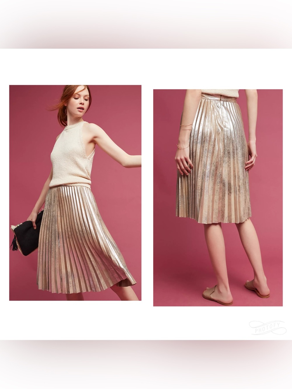 Anthropologie Maeve Pleated Metallic Skirt Knee Length Champagne Sz M